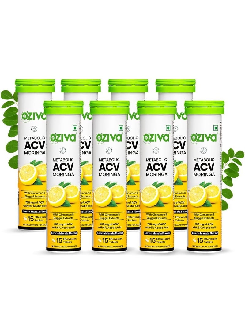 OZiva ACV Moringa Control Cravings Apple Cider Vinegar Cinnamon Guggul No Maltodextrin No Added Sugar 15 Effervescent Tablets Lemon Masala Pack of 8 120 Tablets - Image 1